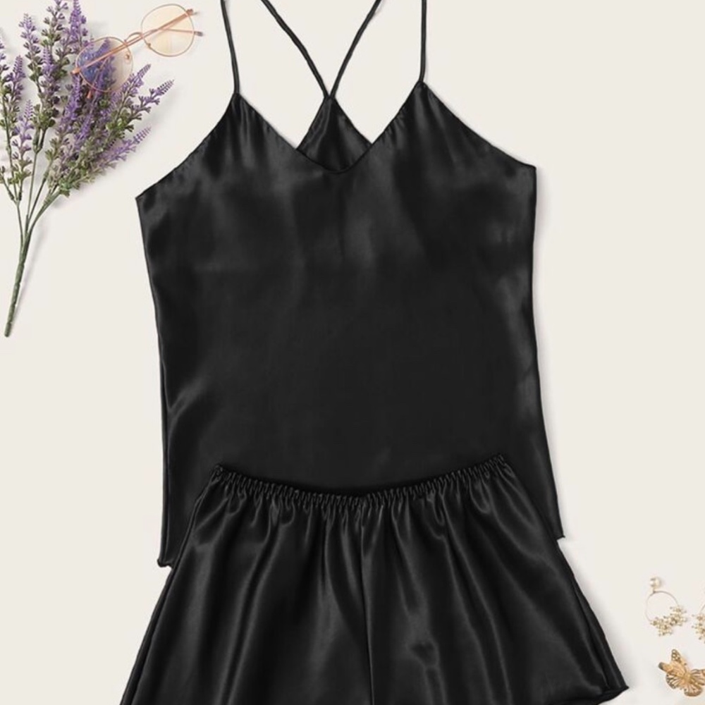 New Black Satin Cami Top PJ Set